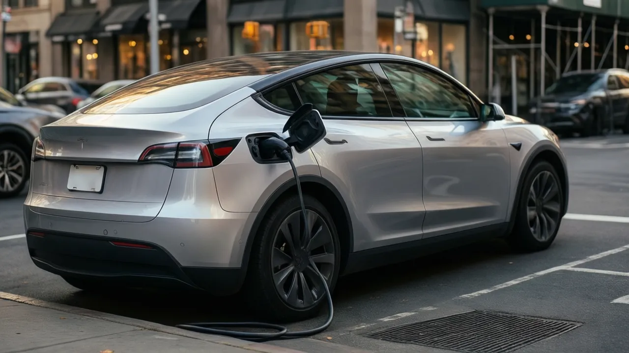 A silver electric car plugged into a curbside charger on a city street in soft daylight.